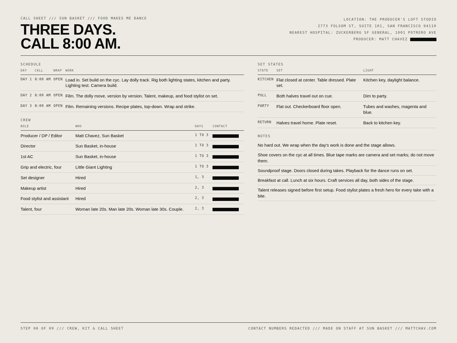 The three-day call sheet, contact numbers redacted