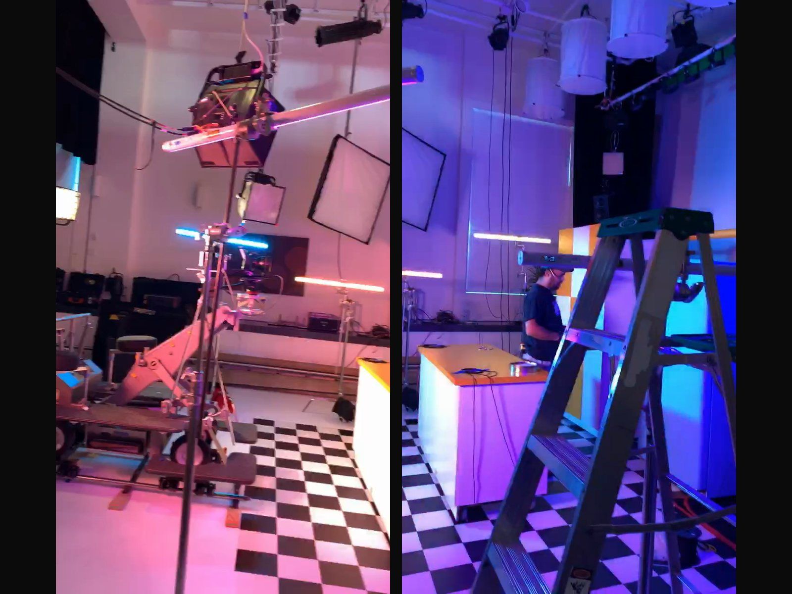 Lighting test for the party state: magenta and blue tube lights over the checkerboard floor and the kitchen island